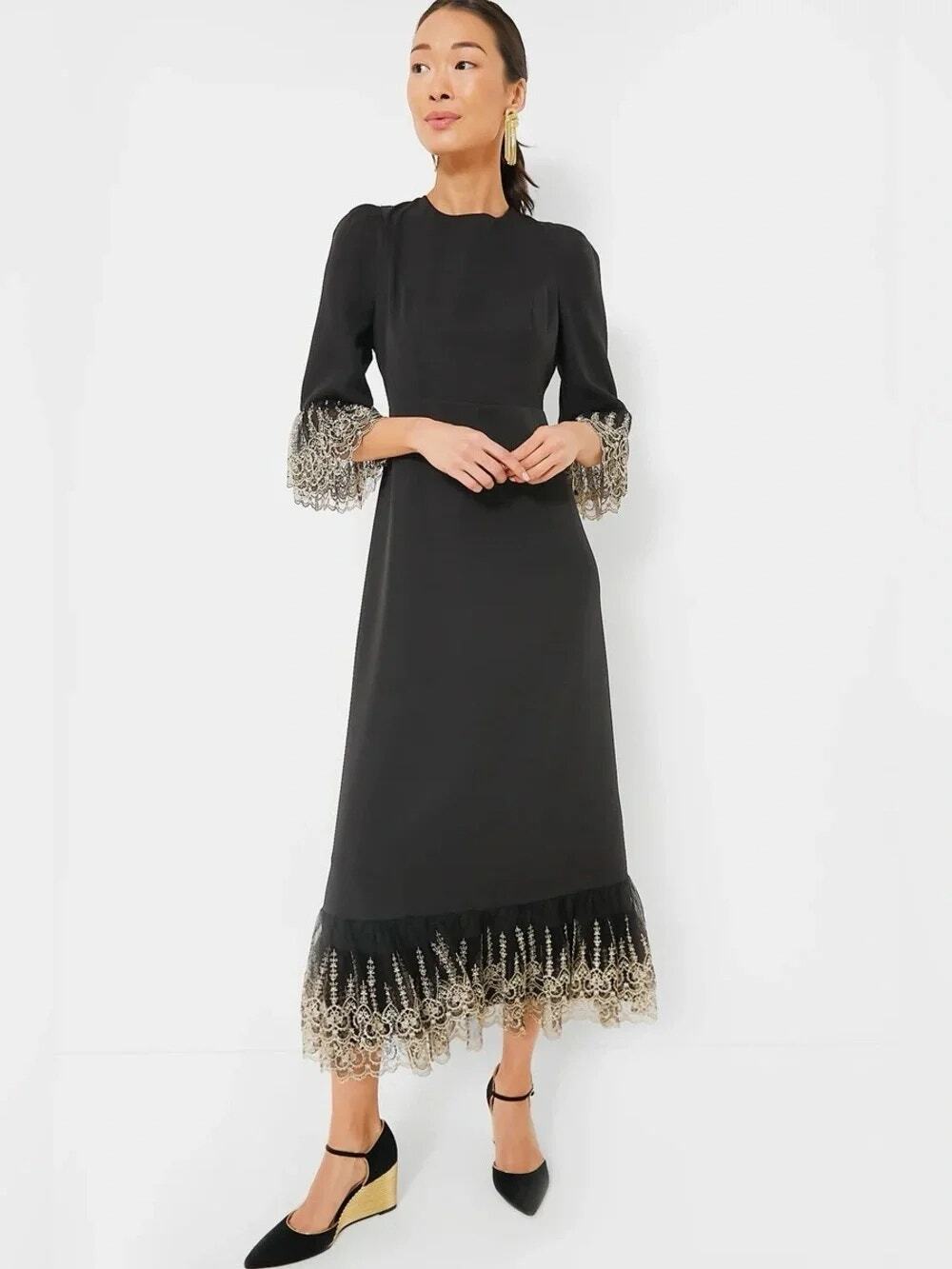TUCKERNUCK Pomander Place Lilith Black Gold Ruffle Midi Cocktail Dress NWT M